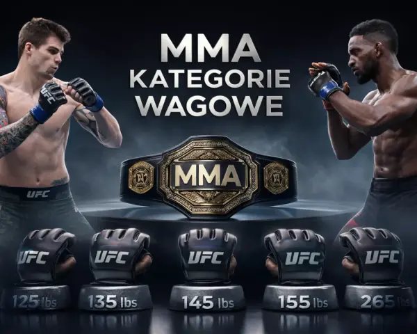 Dwóch zawodników MMA w pozycji bojowej, pas mistrzowski UFC i rękawice z wagami kategorii: waga musza UFC i inne.