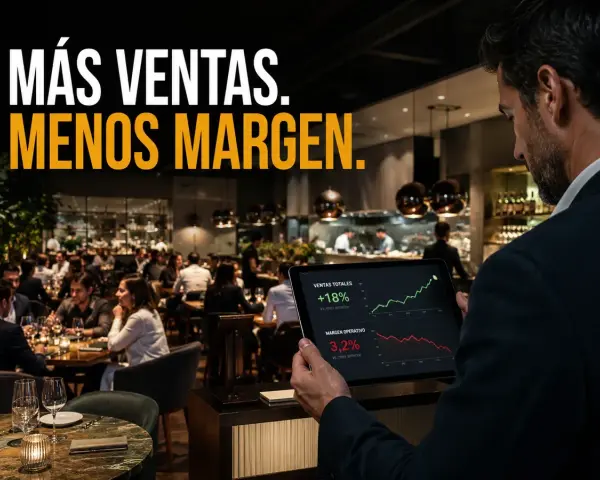 Hombre revisa tablet con gráficos de ventas y margen operativo en un restaurante lleno, buscando mejorar la rentabilidad del restaurante.