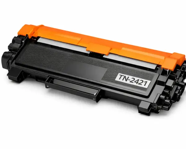 Czarny toner Brother TN-2421 z pomarańczowymi elementami, gotowy do resetu i ponownego użycia.