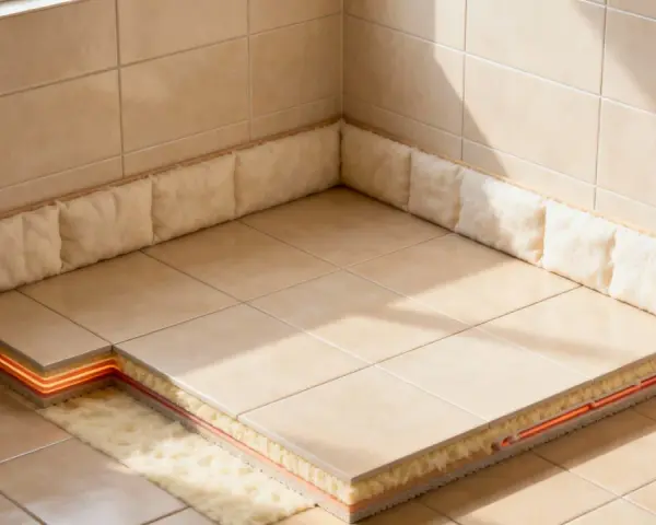 Coupe d'un sol carrelé montrant l'isolation sous carrelage avec un système de chauffage intégré, pour un confort optimal.