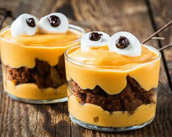 Przepis na Halloween: deser z mascarpone i ciastkiem czekoladowym, ozdobiony piankami jak oczy potwora.