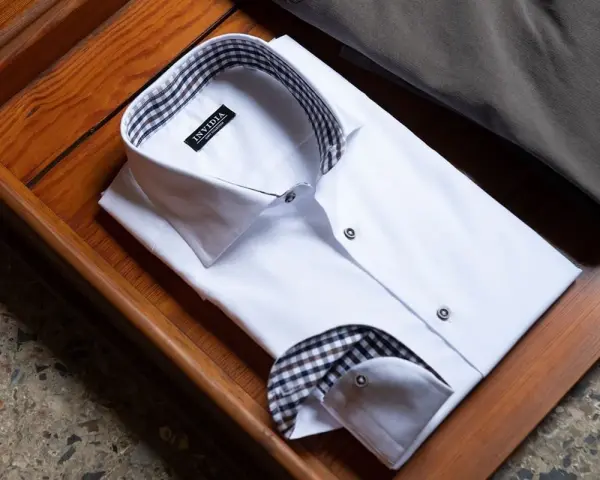 Camicia bianca piegata, con colletto e polsini a quadri marroni e neri, che mostra diversi tipi di polsini camicia.