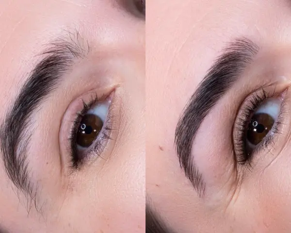 Avant/après : un regard transformé grâce à un maquillage sourcil parfait. Des sourcils plus définis et structurés pour un effet spectaculaire.