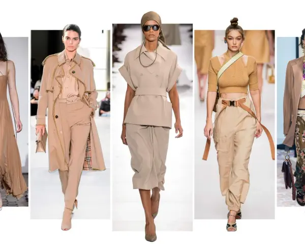 Modelos lucen atuendos en tonos beige, mostrando cómo combinar camisa beige mujer con faldas, pantalones cargo y trajes elegantes.