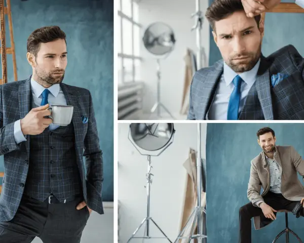 Elegancki mężczyzna w garniturze z krawatem i kamizelką, pijący kawę. Jego styl to cechuje dżentelmena.