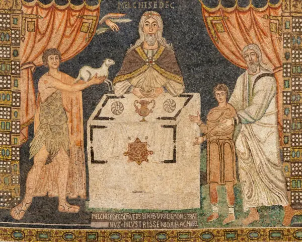 Melchizedek, król Salemu, ofiaruje chleb i wino. Obok niego młody człowiek z barankiem, a po drugiej stronie starszy mężczyzna z chłopcem.