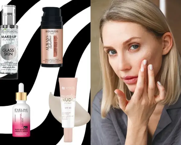 Kobieta aplikuje na twarz silikonową bazę pod makijaż. Obok kosmetyki: Bielenda, Bourjois, Eveline, Paese.