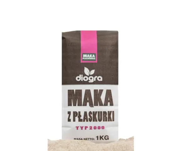 Mąka z płaskurki Diogra typ 2000, 1kg. Idealna do domowego makaronu z płaskurki, zdrowsza alternatywa dla zwykłej mąki.