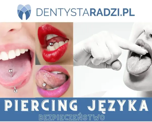 Kolczyk w języku: zbliżenia na usta i języki z widocznym kolczykiem. Informacja o bezpieczeństwie piercingu.
