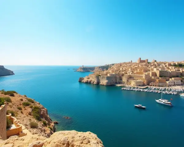 Malta w październiku: błękitne morze, skaliste wybrzeże i zabytkowe miasto z portem pełnym łodzi. Idealna pogoda na zwiedzanie.
