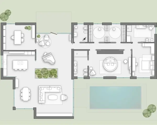 Planimetria villa su un piano con cucina, sala da pranzo, soggiorno con pianoforte, suite padronale con letto rotondo e piscina esterna.