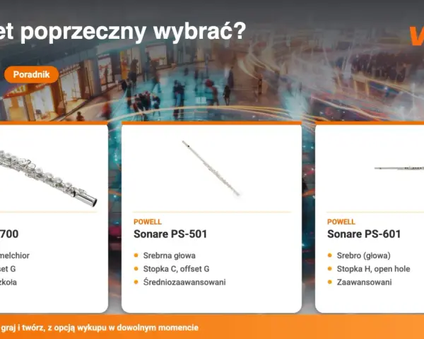 Porównanie różnych rodzajów fletów: Jupiter JFL-700, Powell Sonare PS-501 i Powell Sonare PS-601. Idealne dla uczniów i zaawansowanych muzyków.