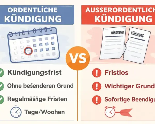 Vergleich von ordentlicher und außerordentlicher Kündigung. Die ordentliche Kündigung hat Fristen, die außerordentliche ist fristlos.
