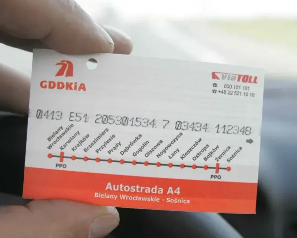 Bilet autostradowy A4 z zaznaczonymi punktami poboru opłat i nazwami miejscowości.