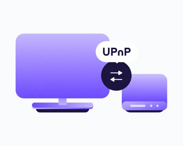 Ilustracja pokazuje komputer i router, symbolizujące połączenie sieciowe. Dymek z napisem "UPnP" wyjaśnia, co to jest Universal Plug and Play.