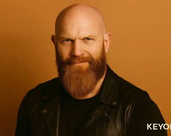 Hombre calvo con barba vikinga, mirada intensa y chaqueta de cuero.