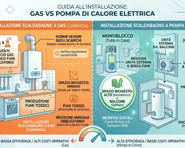 Schema funzionamento scaldabagno a gas: allaccio gas, scarico fumi obbligatorio, fumi tossici, revisione annuale. Bassa efficienza, alti costi operativi.