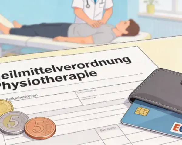Rezept für Physiotherapie, Münzen und eine EC-Karte liegen auf einem Tisch. Die **Zuzahlung Ergotherapie** ist hier symbolisch dargestellt.