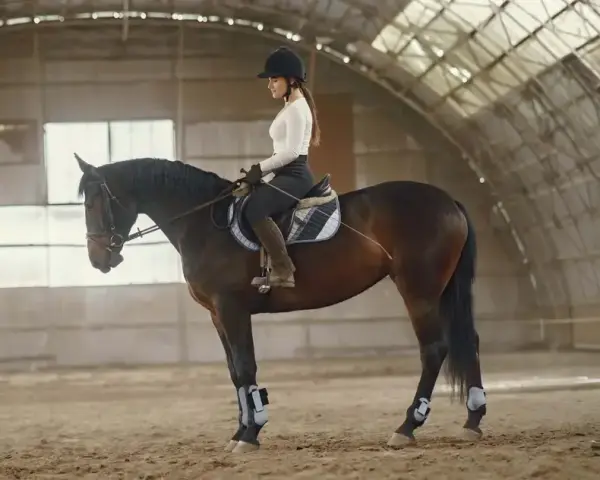 Une cavalière en tenue d'équitation, portant un casque, monte un cheval brun dans un manège. Elle a un aplomb parfait, montrant sa maîtrise.