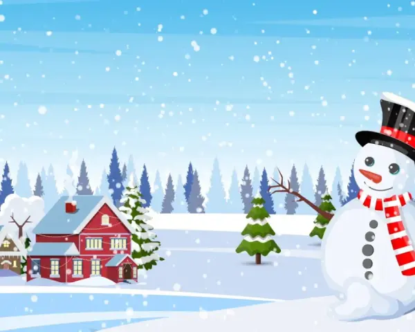 Schneemann mit Zylinder und Schal vor verschneiter Winterlandschaft mit Häusern und Tannenbäumen.