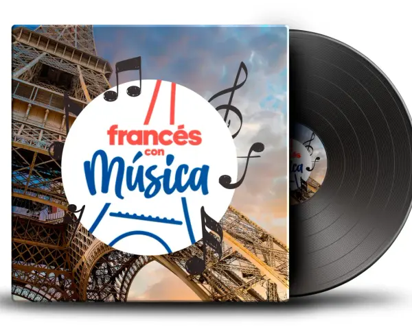 Vinilo con Torre Eiffel y notas musicales. Ideal para tus canciones para aprender francés.