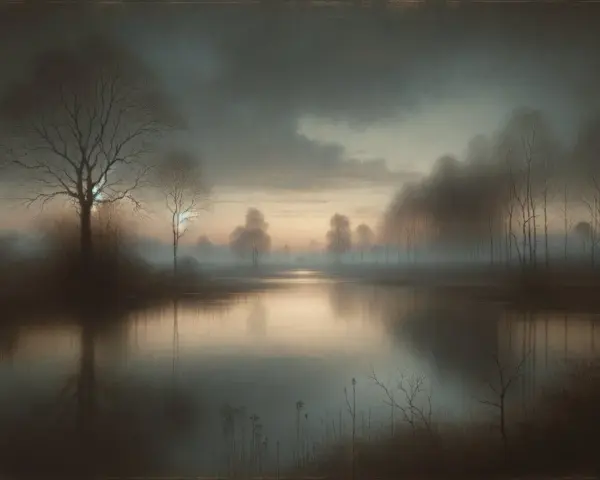 Un paysage onirique où un lac reflète des arbres dénudés, le tout enveloppé dans un doux brouillard dessin. L'atmosphère est paisible et mystérieuse.