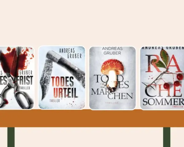 Vier Buchcover von Andreas Gruber: "Todesfrist", "Todesurteil", "Tod es Märchen" und "Rache Sommer".