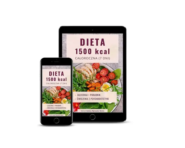 Jadłospis na 7 dni: dieta 1500 kcal. Na ekranach telefonu i tabletu widać apetyczne dania i porady dietetyczne.