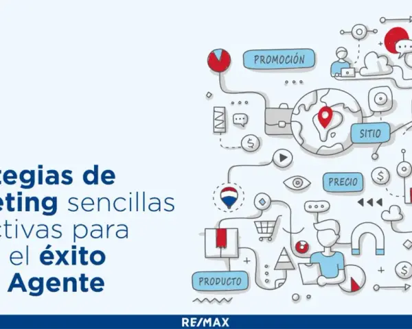 Ilustración de marketing digital para inmobiliarias con globo RE/MAX y elementos gráficos de éxito.