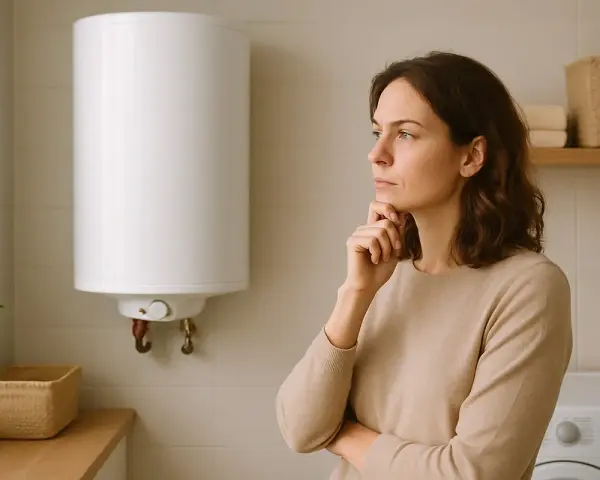 Donna pensierosa guarda lo scaldabagno elettrico, preoccupata per la pressione dell'acqua.