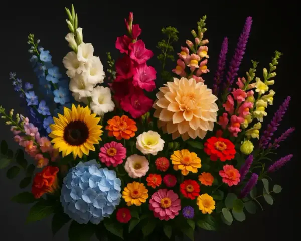 Un vibrante ramo de flores de julio, con girasoles, dalias y gladiolos en tonos vivos, sobre fondo oscuro.