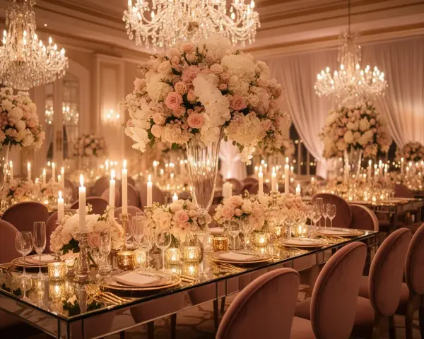 Eleganckie wesele glamour z kryształowymi żyrandolami, bukietami róż i świecami tworzącymi magiczną atmosferę.