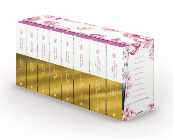 Schuber mit 8 Büchern von Lucinda Riley, die "Die sieben Schwestern"-Reihe.