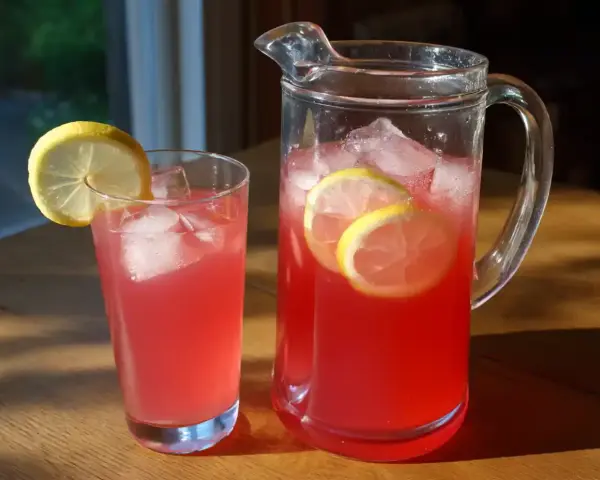 En karaff och ett glas med rosa rabarbersaft, is och citronskivor. Perfekt för ett enkelt rabarbersaft recept.