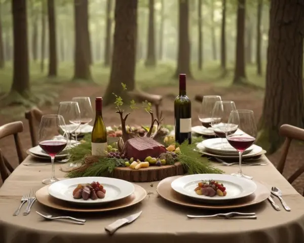 Ett elegant uppdukat bord i skogen med rött vin till oxkind, glas, tallrikar och en vacker köttbit som huvudrätt.