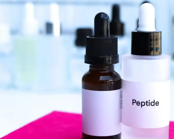 Dwie buteleczki z pipetkami, jedna z napisem "Peptide". W tle laboratoryjne szkło.