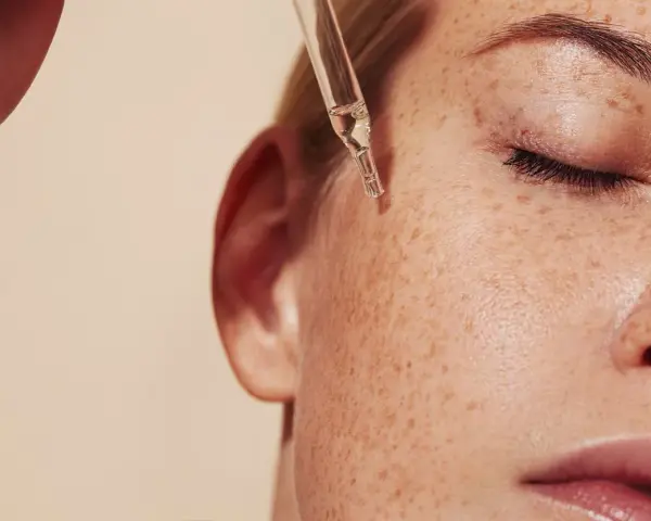 Kropla serum z pipety spada na piegowatą skórę. Czy to retinol? Co to jest retinol i jak działa?