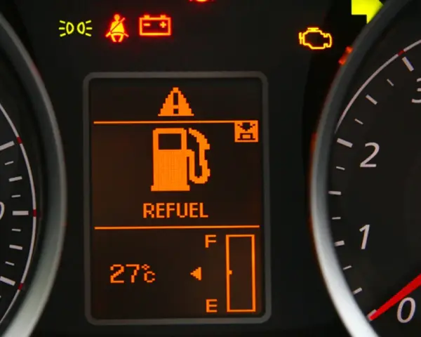 Na desce rozdzielczej świeci się kontrolka rezerwy paliwa. Nie widać, ile km na rezerwie benzyna pokazuje komputer.