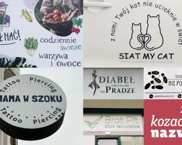 Kolekcja fajnych nazw zespołów i firm: "Urwał Nać!", "Siat My Cat", "Mama w Szoku", "Diabeł ubiera się na pradze", "Nie po palcach", "Brat Pit", "Kozacka nazwa".