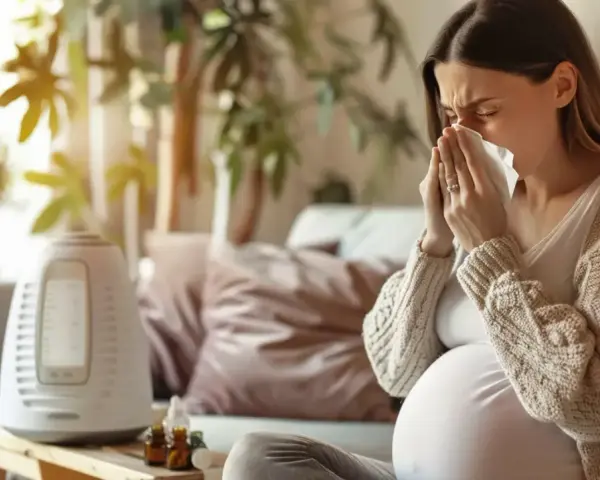 Ciężarna kobieta z chusteczką przy nosie, szukająca informacji co na ból gardła w ciąży. Obok nawilżacz powietrza i buteleczki z lekami.