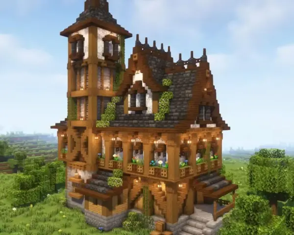 Una mansión de Minecraft con torre alta, tejados de pizarra y madera, rodeada de un paisaje verde y frondoso.