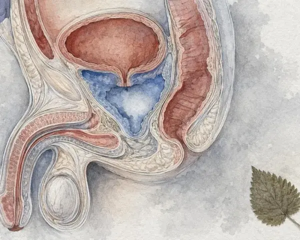 Anatomical illustration of the male reproductive and urinary systems, showing the bladder, urethra, penis, and testes. A dried leaf rests nearby, perhaps a reminder of nature's cycles.