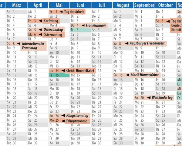 Kalender mit Feiertagen für Ferien in Sachsen-Anhalt. Feiertage wie Ostern, Pfingsten und Allerheiligen sind markiert.