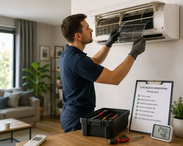 Serwisant sprawdza filtr klimatyzacji, bo klima nie chłodzi. Na blacie leży skrzynka z narzędziami i lista kontrolna.