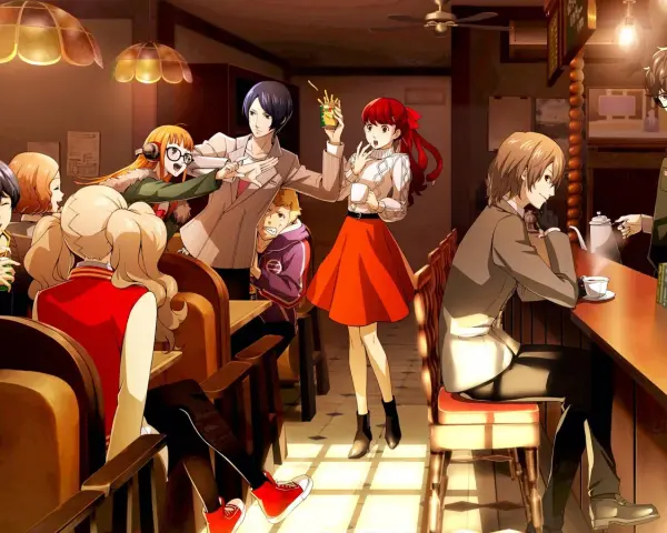 Los Phantom Thieves de Persona 5 Royal disfrutan de un momento de relax en una cafetería, compartiendo risas y bebidas.