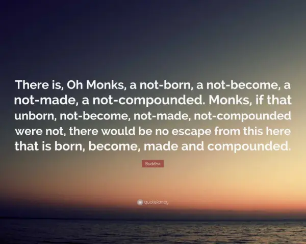 Buddha's profound monk sayings on escaping the cycle of birth and becoming, set against a serene sunset over the ocean.