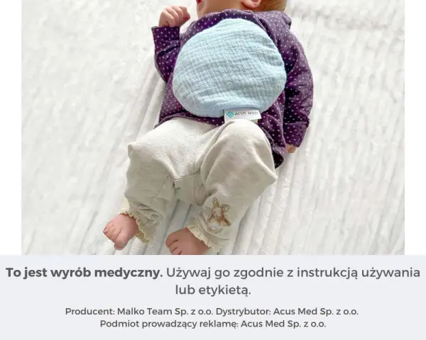 Ciepły termofor z pestek wiśni dla noworodka, delikatnie ogrzewający brzuszek.