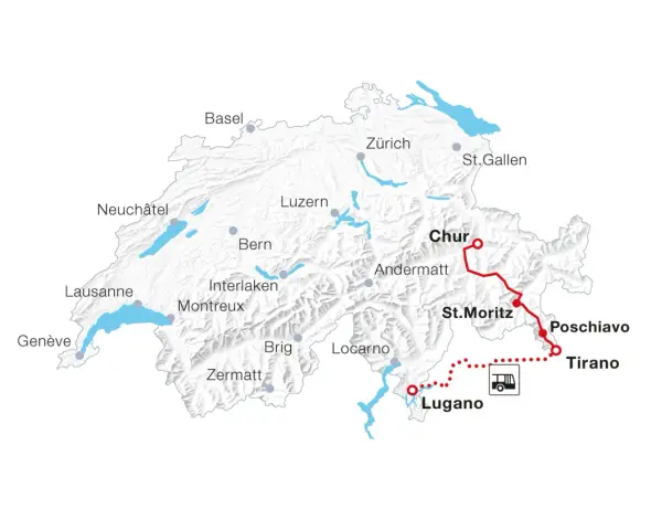 Map showing a scenic train route from Tirano to Lugano, passing through Poschiavo, St. Moritz, Chur, and Andermatt.