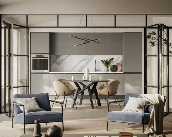 Spazio aperto con cucina moderna e zona relax, dove la cucina e camera da letto insieme creano un ambiente unico e funzionale.