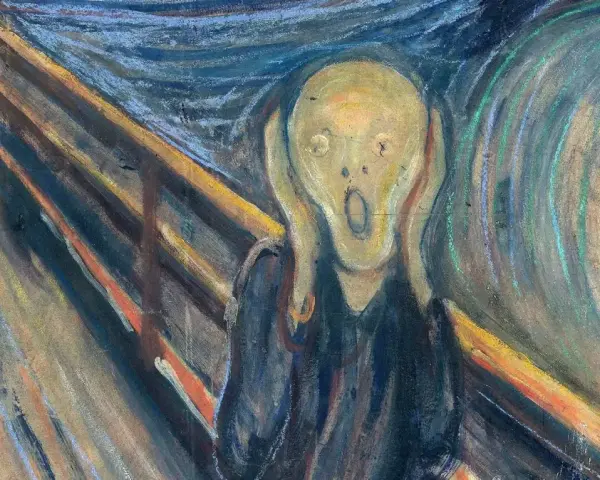 Edvard Munchs "Skriet" med sin ikoniska gestalt som håller händerna för öronen. Edvard Munch fakta: målningen skildrar en känsla av ångest.